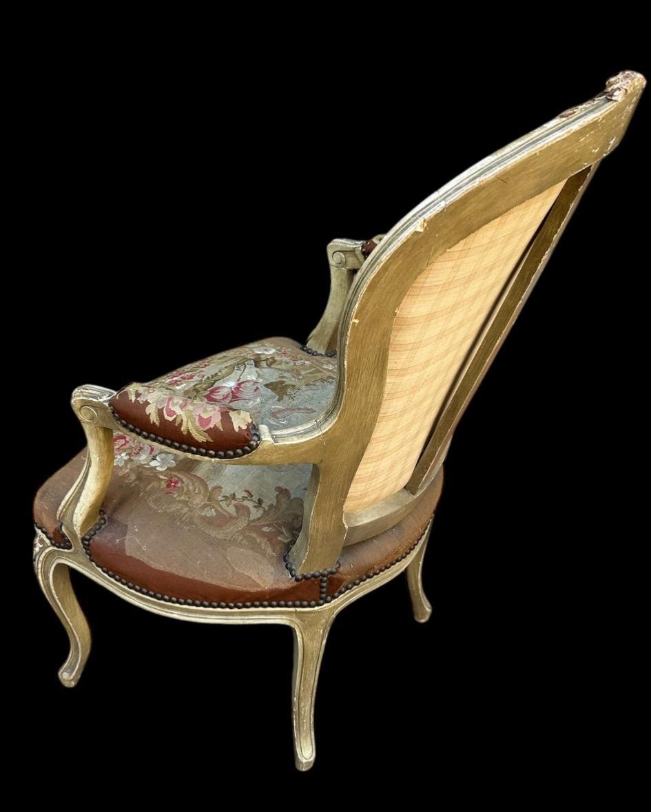 Louis XV Style Carved Painted Wood Armchair Seat And Back In Handmade Aubusson Tapestry-photo-1