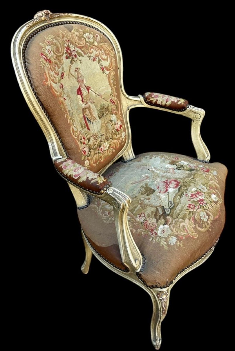 Louis XV Style Carved Painted Wood Armchair Seat And Back In Handmade Aubusson Tapestry-photo-3