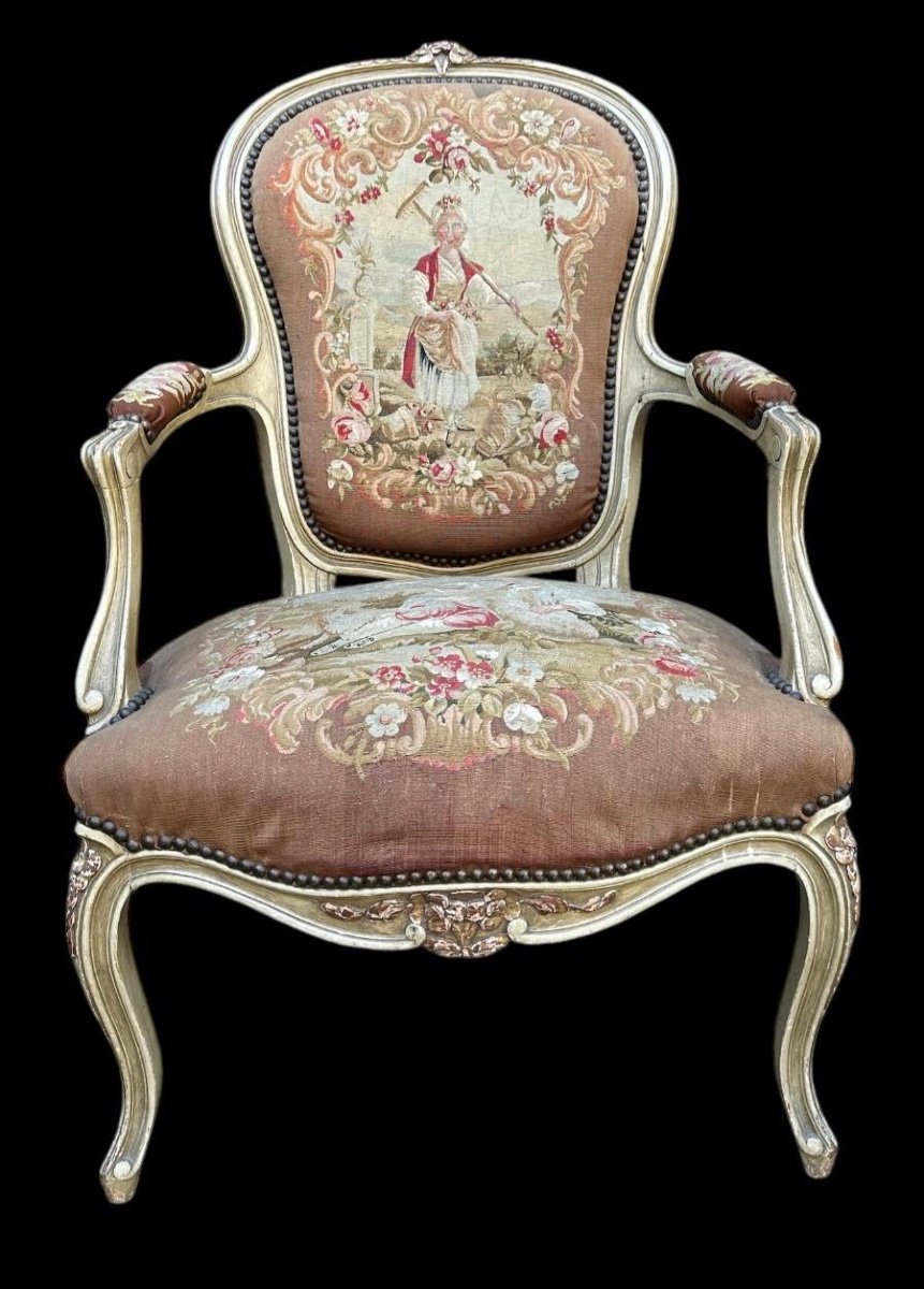 Louis XV Style Carved Painted Wood Armchair Seat And Back In Handmade Aubusson Tapestry