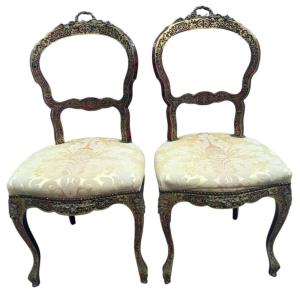 élégant Paire De Chaises Anciennes Françaises Boulle De XIX Siècle 