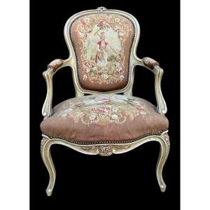 Fauteuil En Bois peint  Sculpté Sty Louis XV  AssiseEt Dossier En Tapisserie Aubusson Fait Main