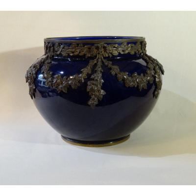 Cache Pot Napoleon III In Cobalt Blue Earthenware
