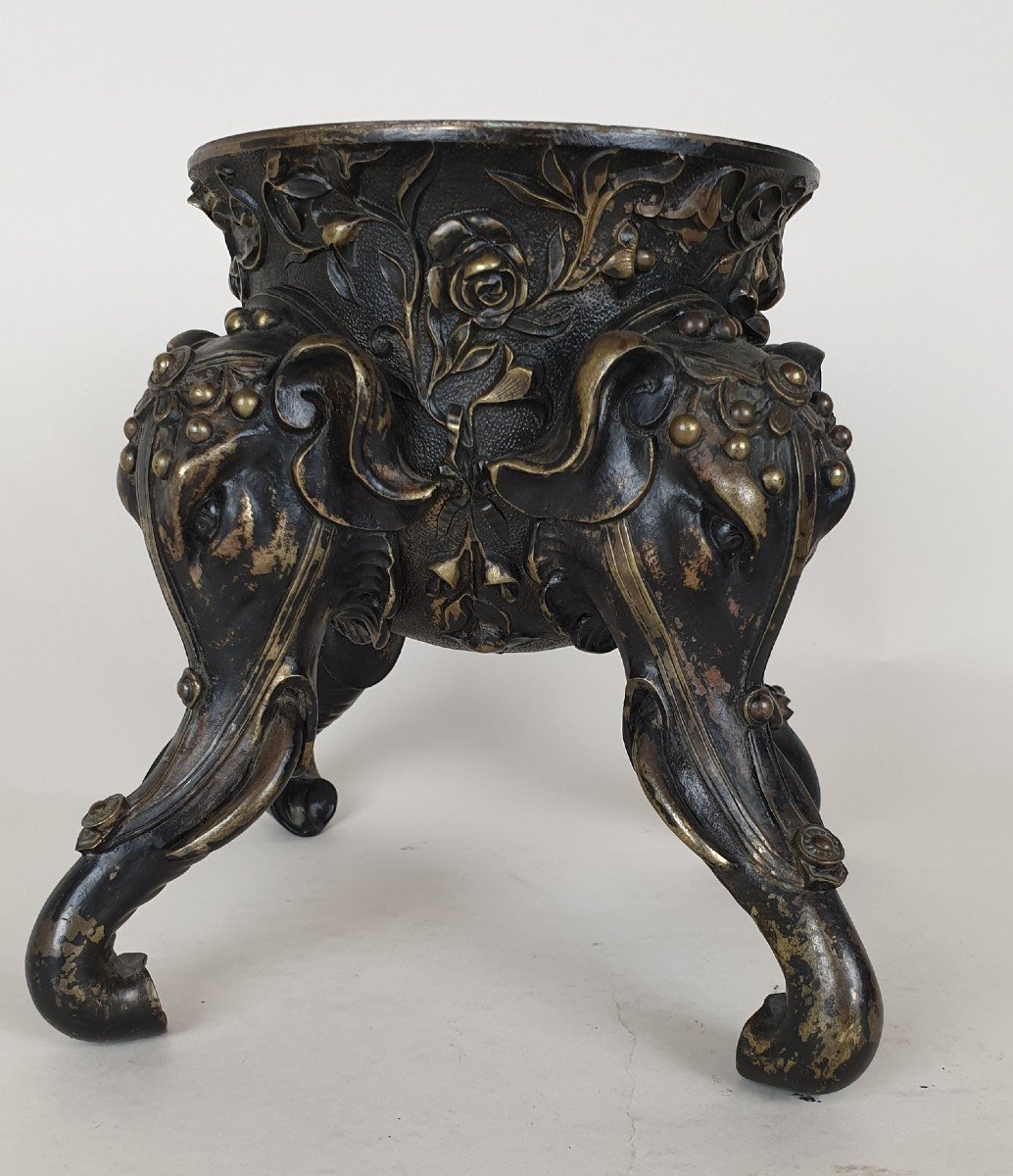 Pied De Coupe En Bronze, Aux Têtes d'éléphants, XIXème Siècle-photo-4
