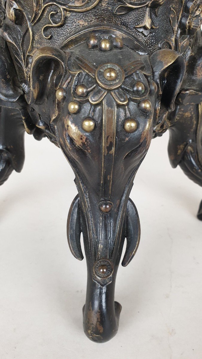 Pied De Coupe En Bronze, Aux Têtes d'éléphants, XIXème Siècle-photo-4