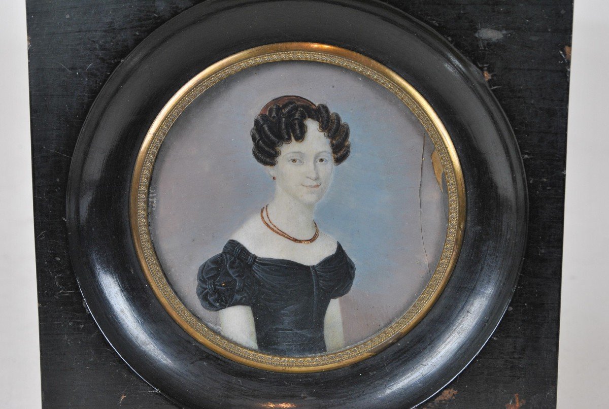 Miniature, Portrait De Femme Au Collier, XIXème Siècle-photo-2