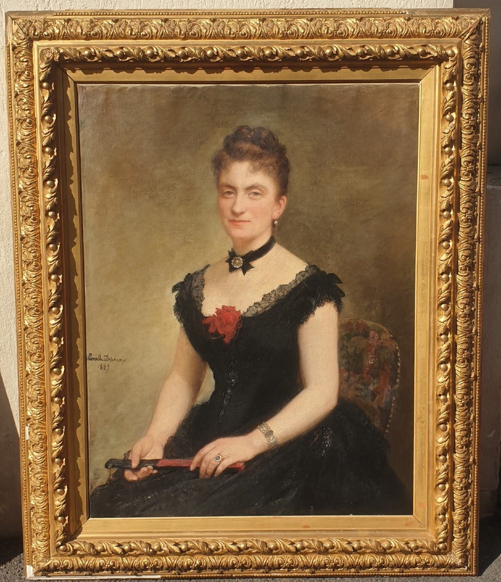 C Deschamps, Portrait De Femme, En Robe Noire, XIXème Siècle