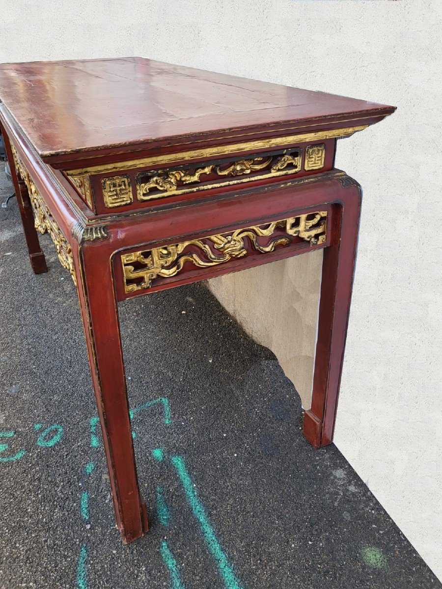 Grande Console De Centre Laquée Rouge Et Or, Chine XIXème Siècle-photo-1