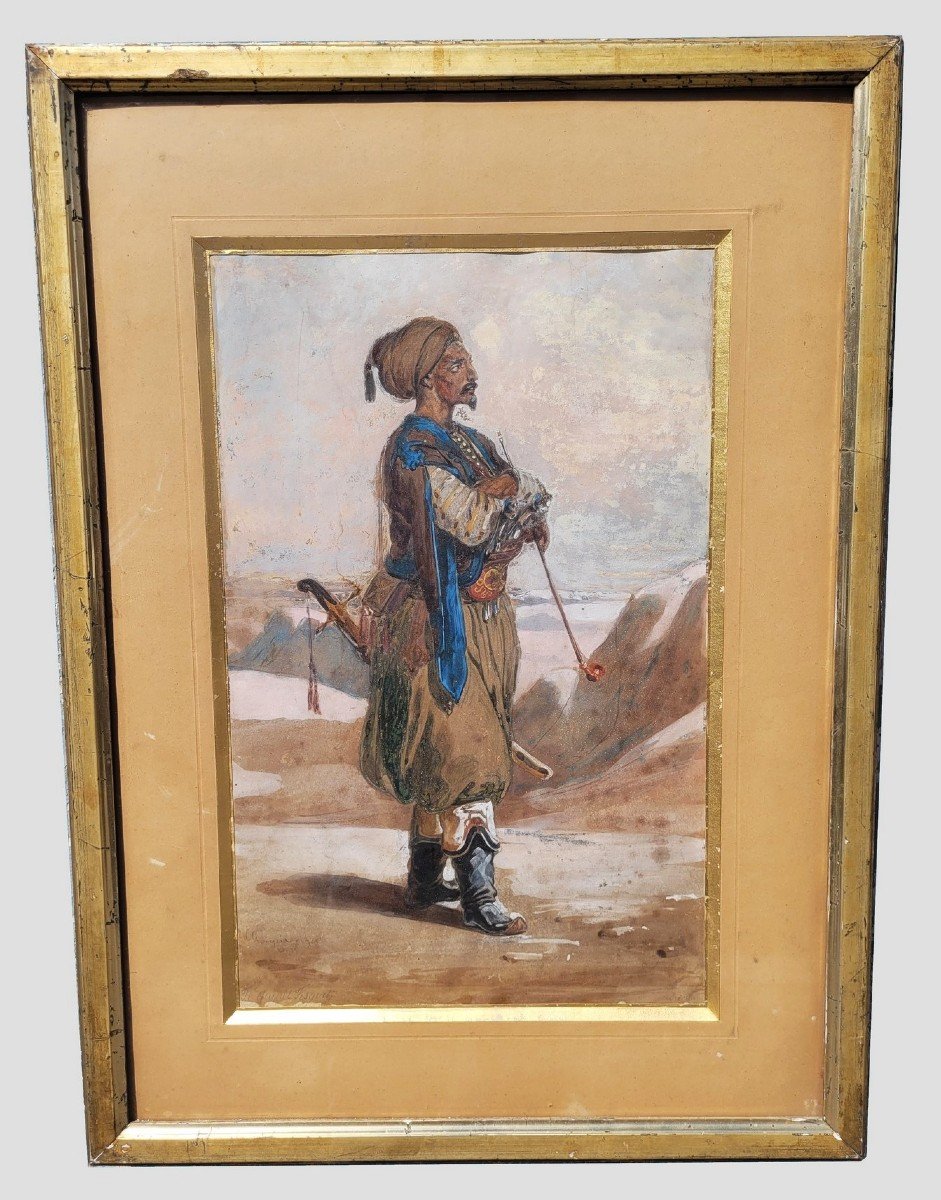 Goupil-Fesquet, Aquarelle Orientaliste, Zouave ou Chasseur Algérien, XIXème Siècle-photo-2