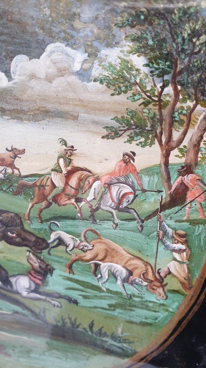 The Buffalo Hunt, Fixed Under Glass, Indo-portuguese? 18th Century-photo-3