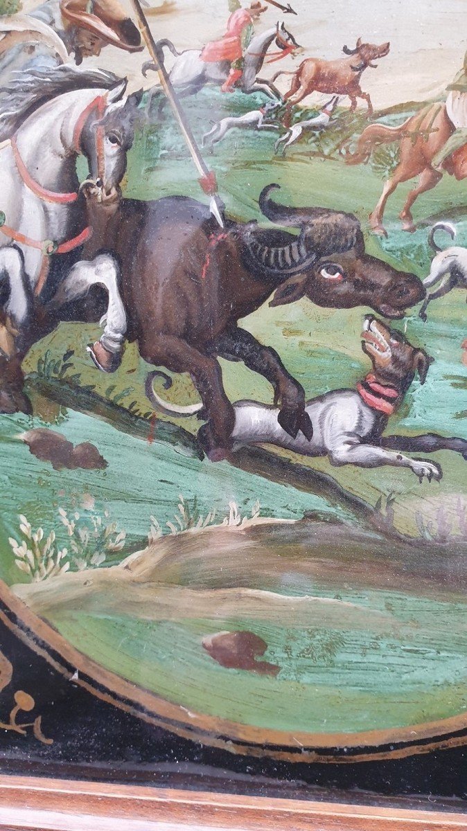 The Buffalo Hunt, Fixed Under Glass, Indo-portuguese? 18th Century-photo-3