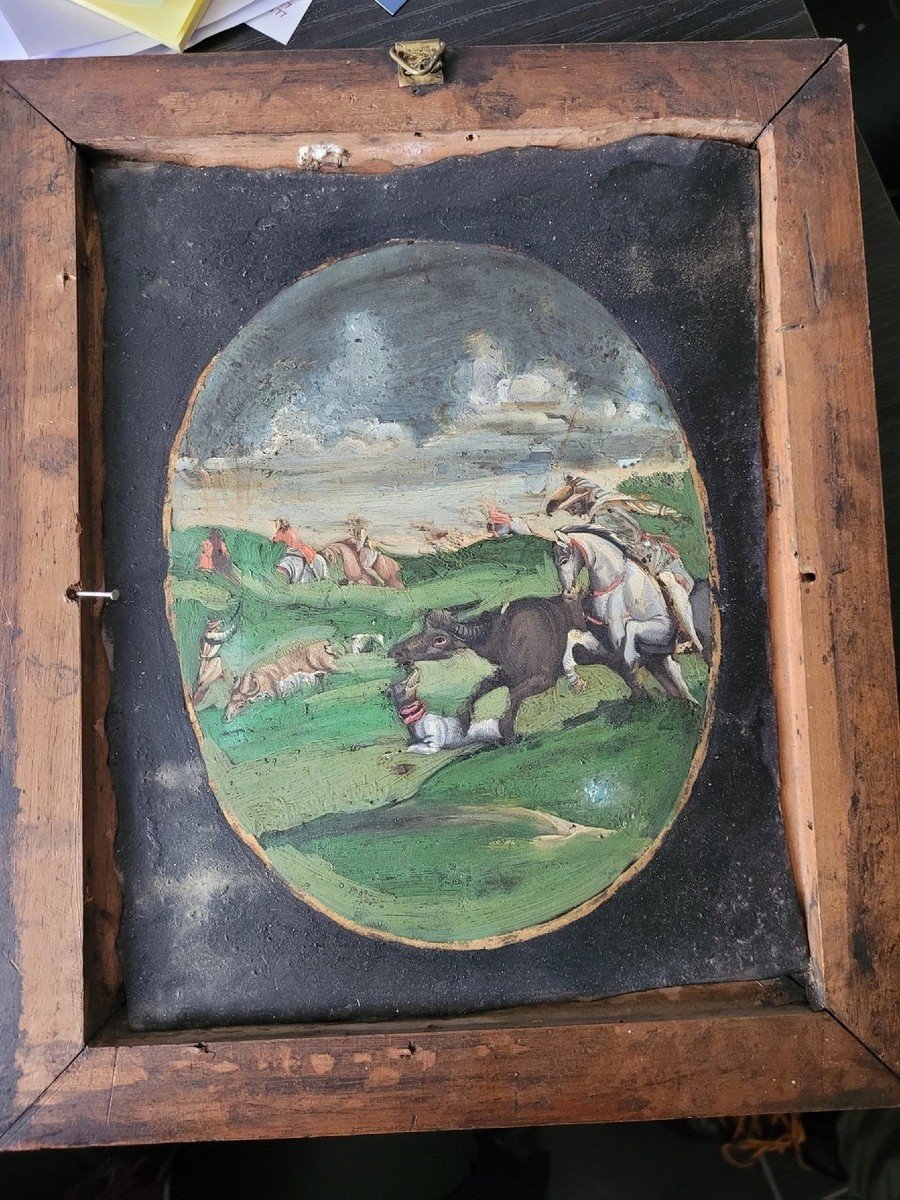 The Buffalo Hunt, Fixed Under Glass, Indo-portuguese? 18th Century-photo-8