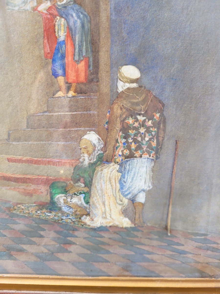 Lively Alley, Framed Orientalist Watercolor, Late 19th Century Early 20th Century-photo-3