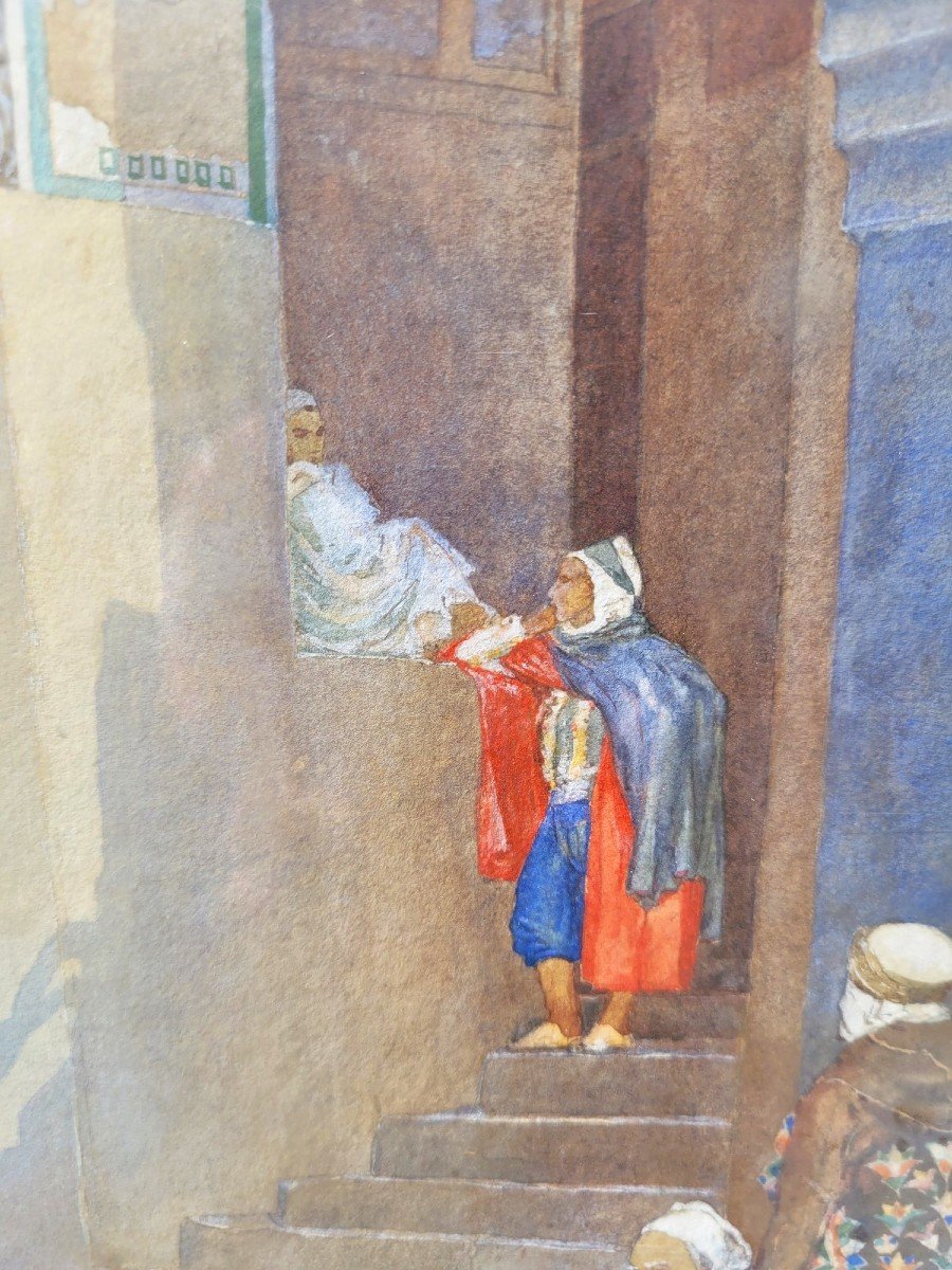 Lively Alley, Framed Orientalist Watercolor, Late 19th Century Early 20th Century-photo-1