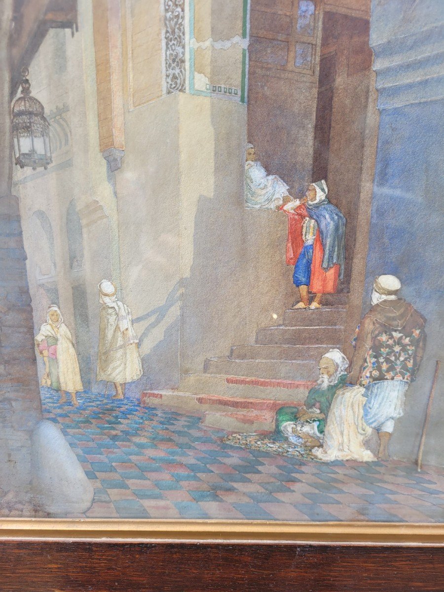 Lively Alley, Framed Orientalist Watercolor, Late 19th Century Early 20th Century-photo-5