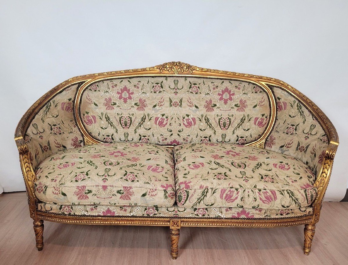 1 Sofa + 4 Armchairs Louis XVI Style Golden Wood Living Room Set, 20th Century-photo-2