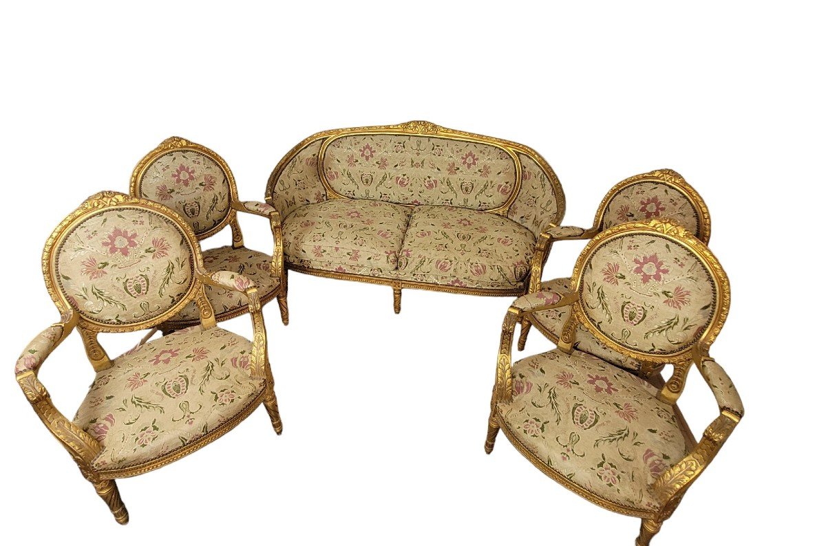 1 Sofa + 4 Armchairs Louis XVI Style Golden Wood Living Room Set, 20th Century-photo-4