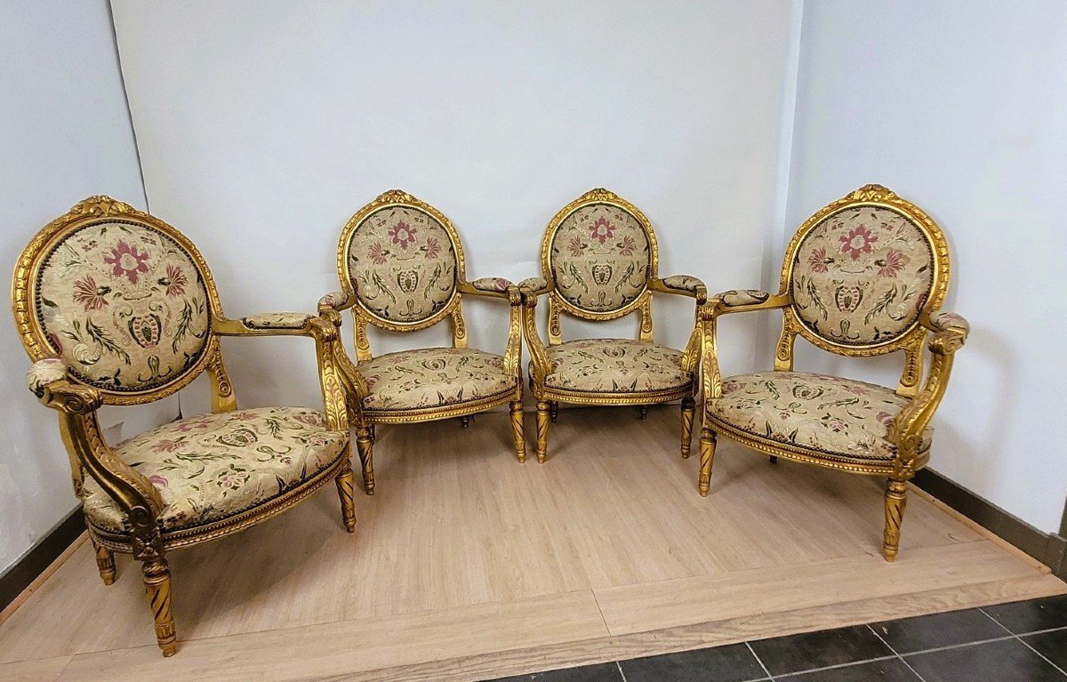 1 Sofa + 4 Armchairs Louis XVI Style Golden Wood Living Room Set, 20th Century-photo-3