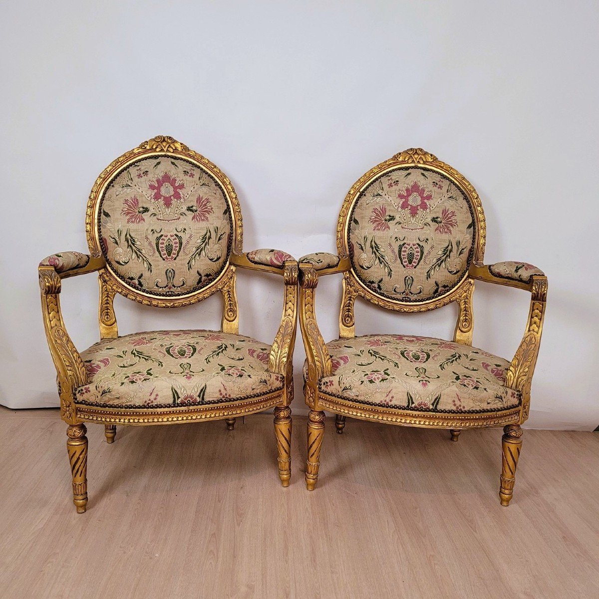 1 Sofa + 4 Armchairs Louis XVI Style Golden Wood Living Room Set, 20th Century-photo-4