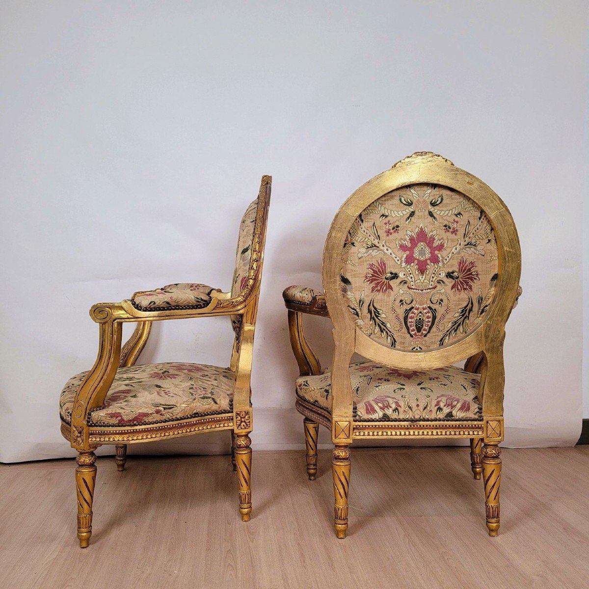 1 Sofa + 4 Armchairs Louis XVI Style Golden Wood Living Room Set, 20th Century-photo-5