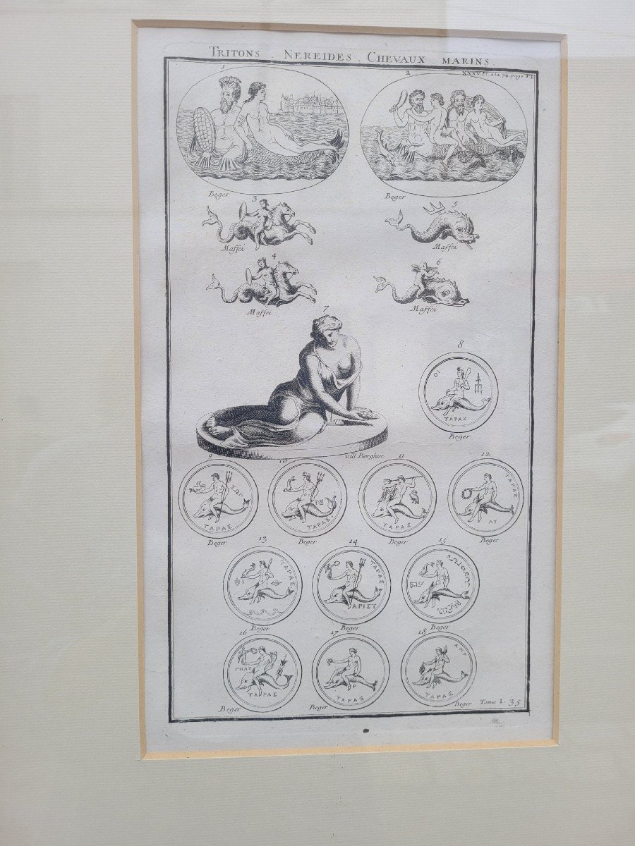 Gravure Encadrée, Tritons Néréïdes Et Chevaux Marins, XVIIè/xviiième Siècle-photo-2