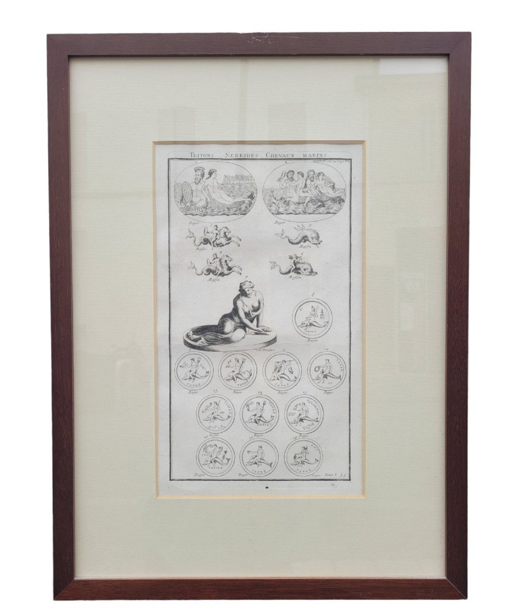 Framed Engraving, Nereid Tritons And Sea Horses, 17th/18th Century