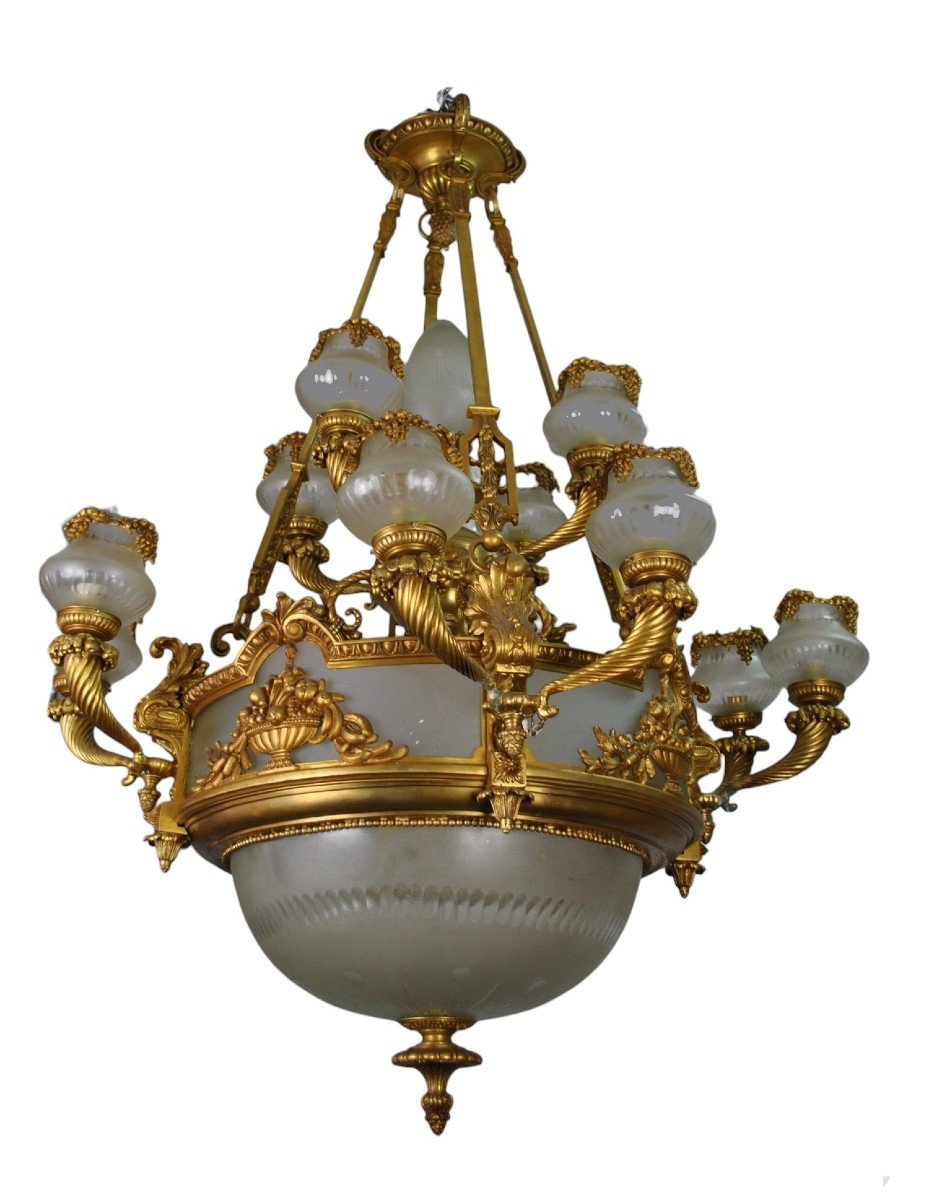 Huge Chandelier In Bronze And Glass, 20th Century