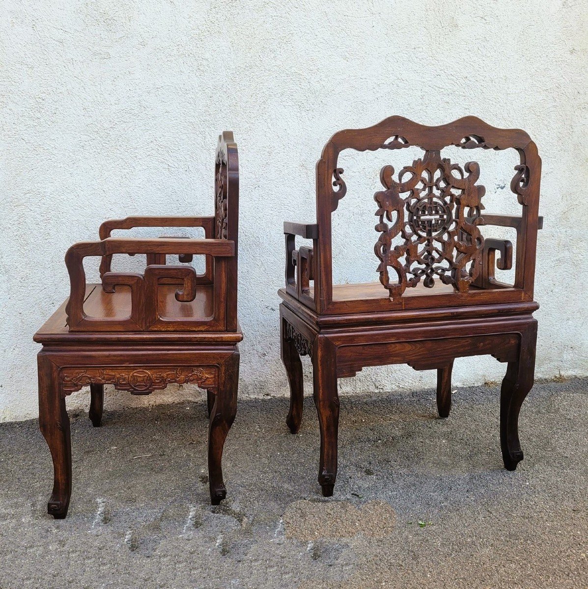 Paire De Fauteuils En Bois Sculpté, Chine, Fin XIXème Début XXème Siècle-photo-2