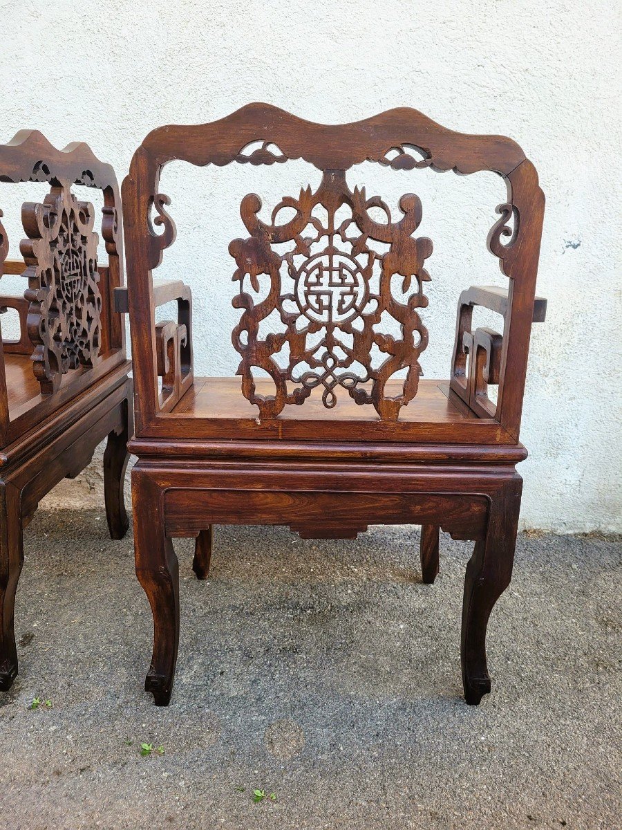 Paire De Fauteuils En Bois Sculpté, Chine, Fin XIXème Début XXème Siècle-photo-3