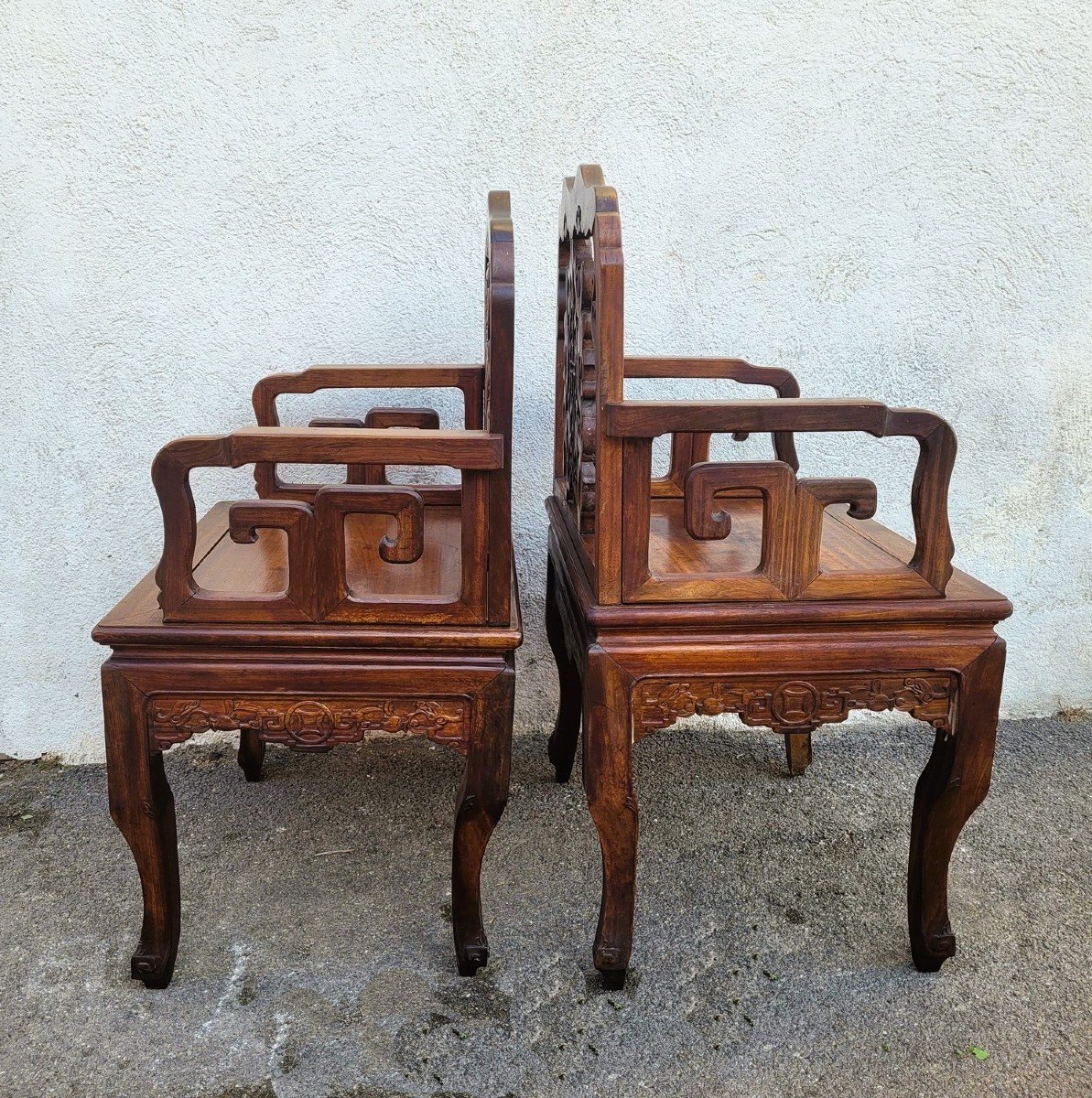 Paire De Fauteuils En Bois Sculpté, Chine, Fin XIXème Début XXème Siècle-photo-4