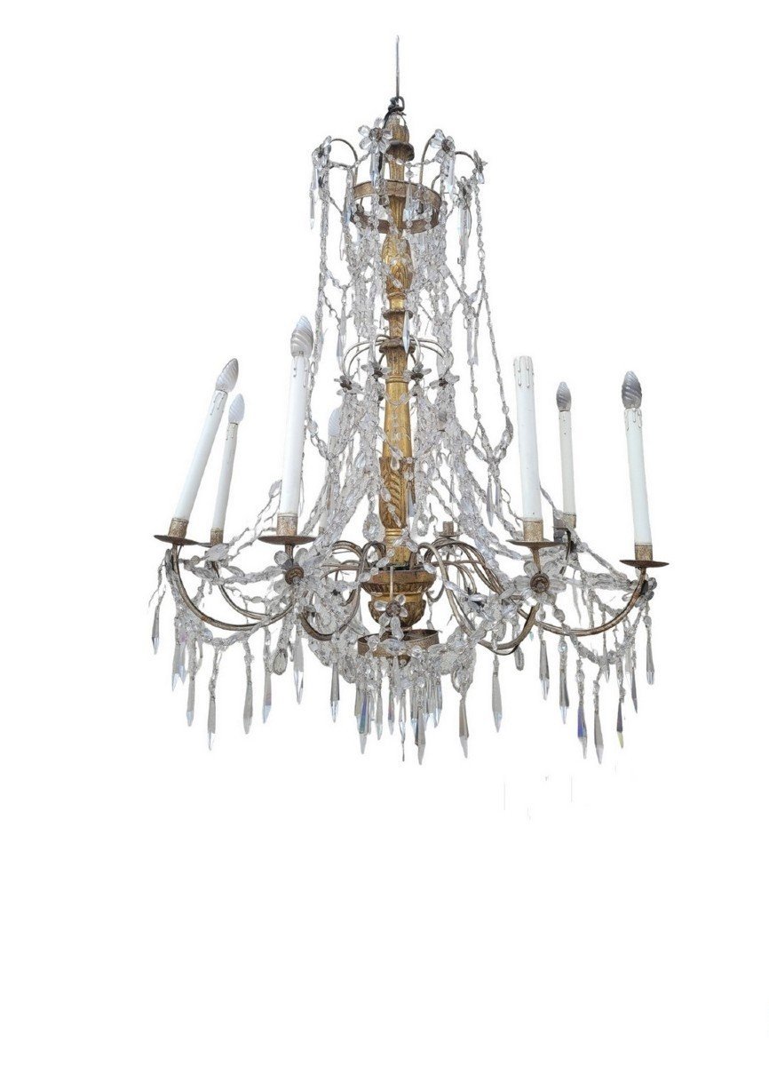 Large Genoese Wooden Chandelier, "mecca" Gilding, Late 18th-early 19th Century