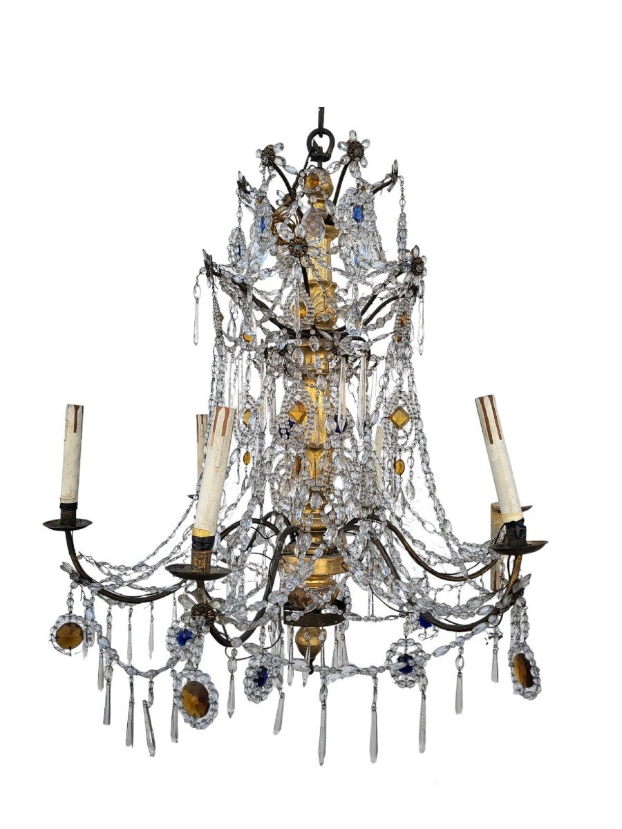 Genoese Chandelier In Gilded Wood And Crystal, Late 18th Early 19th Century-photo-8