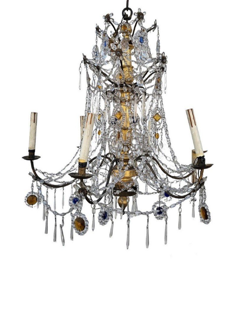 Genoese Chandelier In Gilded Wood And Crystal, Late 18th Early 19th Century