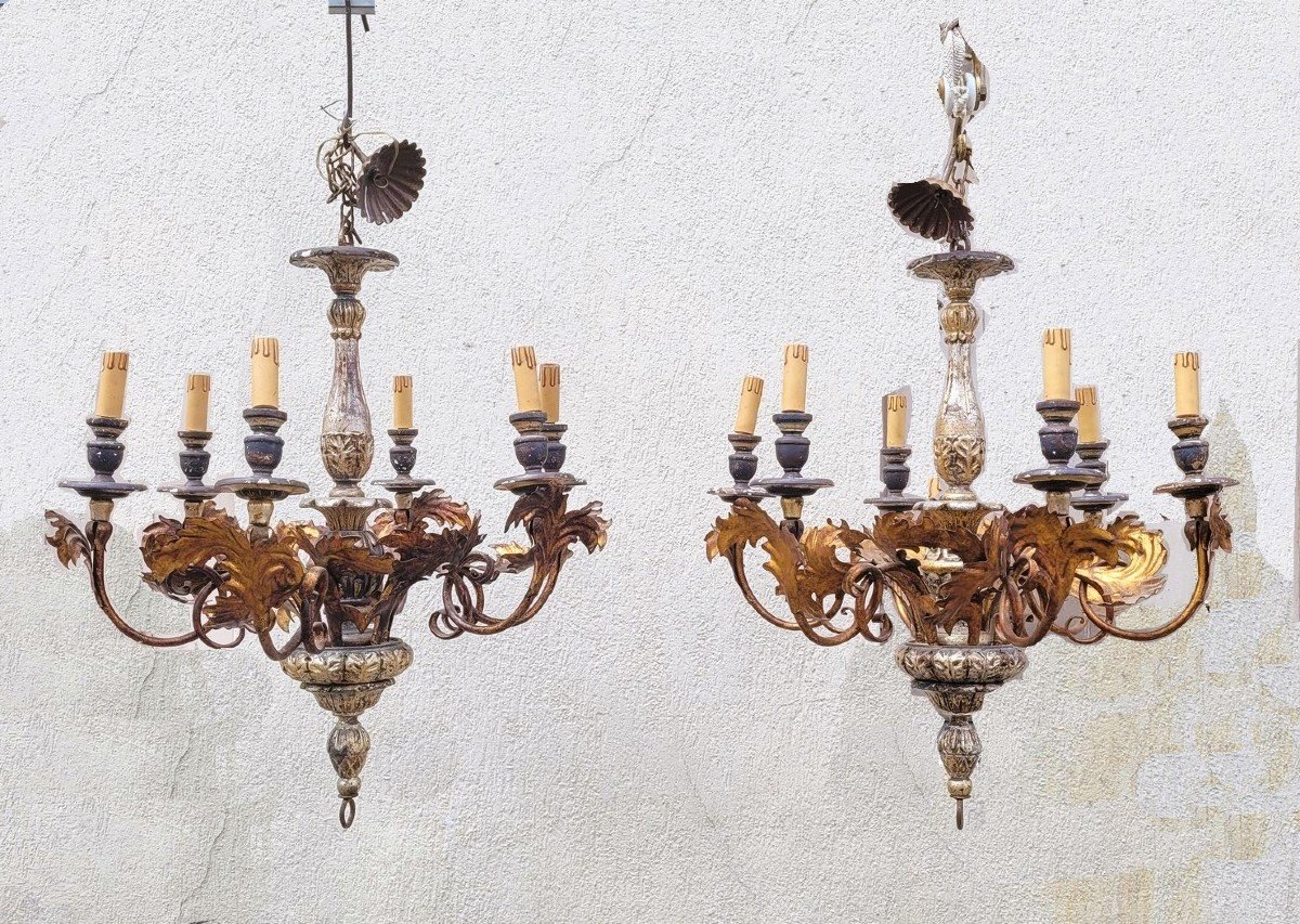 Pair Of Wood And Iron Chandeliers, Mid 20th Century-photo-1