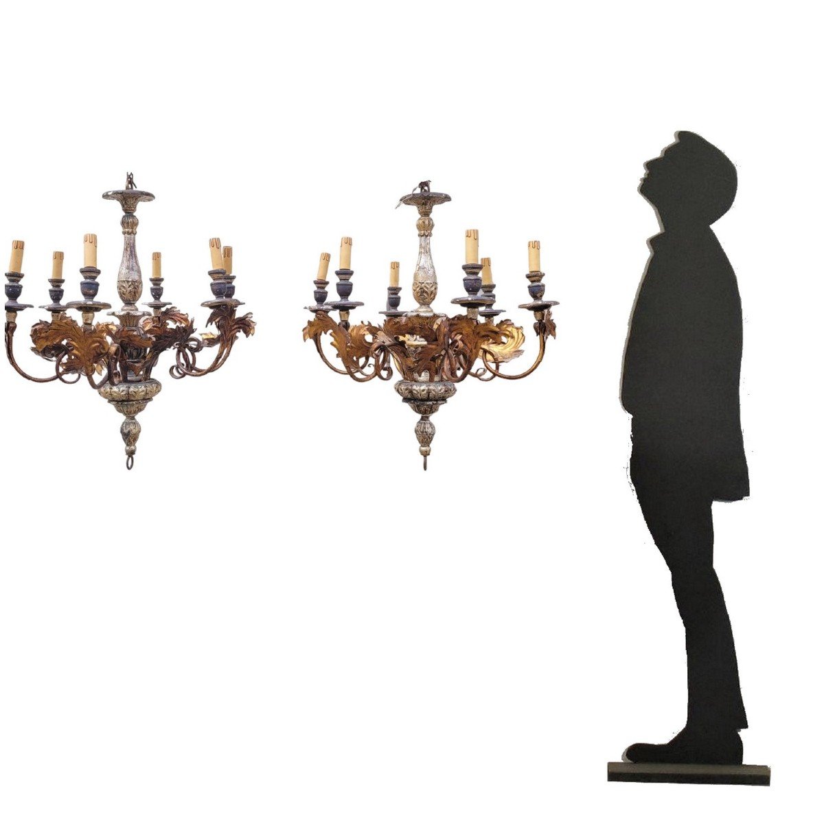 Pair Of Wood And Iron Chandeliers, Mid 20th Century