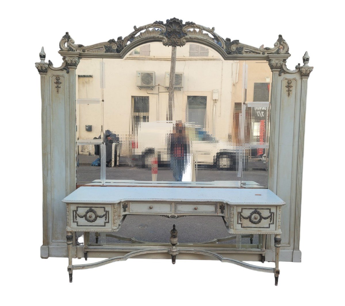 Lacquered Wood Dressing Table And Mirror In Louis XVI Style, Early 20th Century