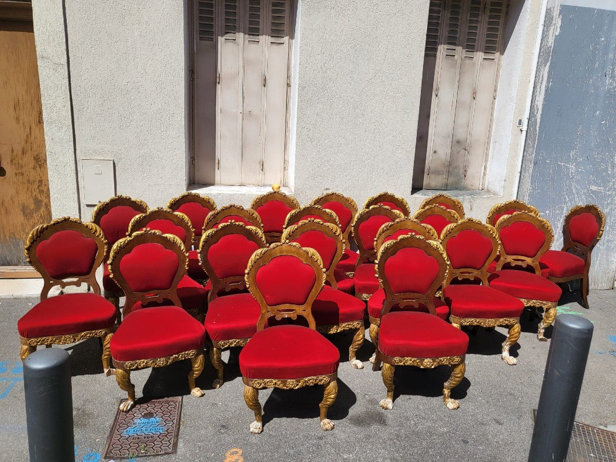 Rare Suite Of 20 + 2 Gilded Wood Chairs, 19th Century-photo-4