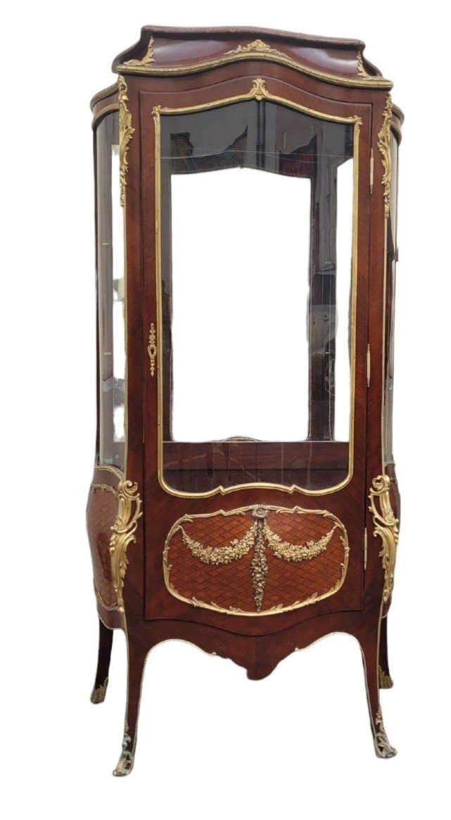 Curved Vitrine In Marquetry And Bronze, Napoleon III, 19th Century