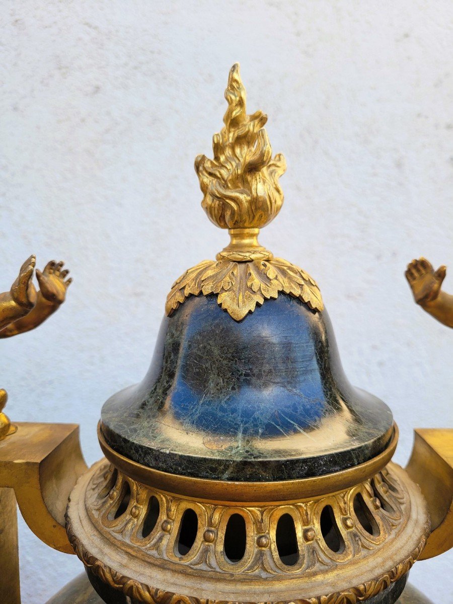 Paire De Grandes Cassolettes En Bronze Et Marbre, Napoléon III, XIXème Siècle-photo-2