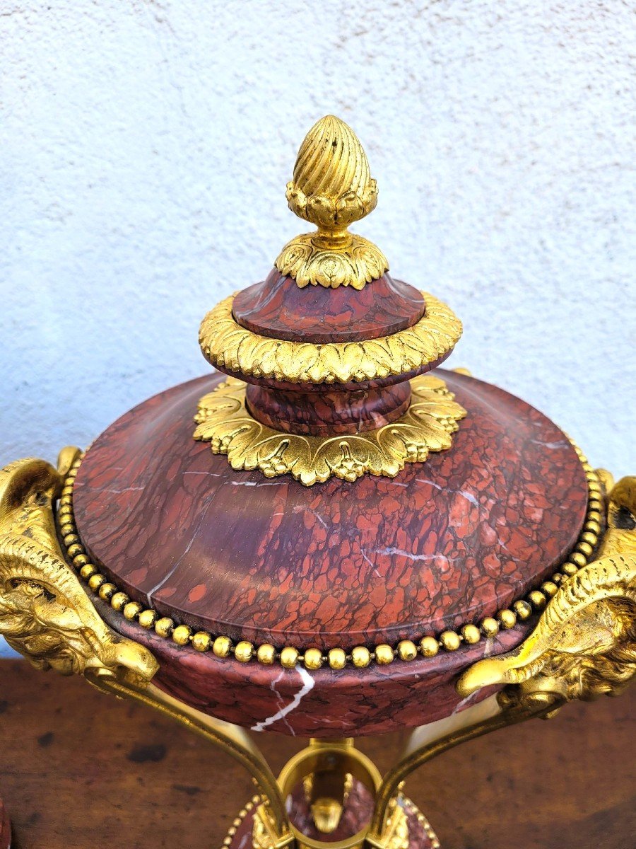 Pair Of Red Marble And Bronze Cassolettes, 19th Century-photo-2