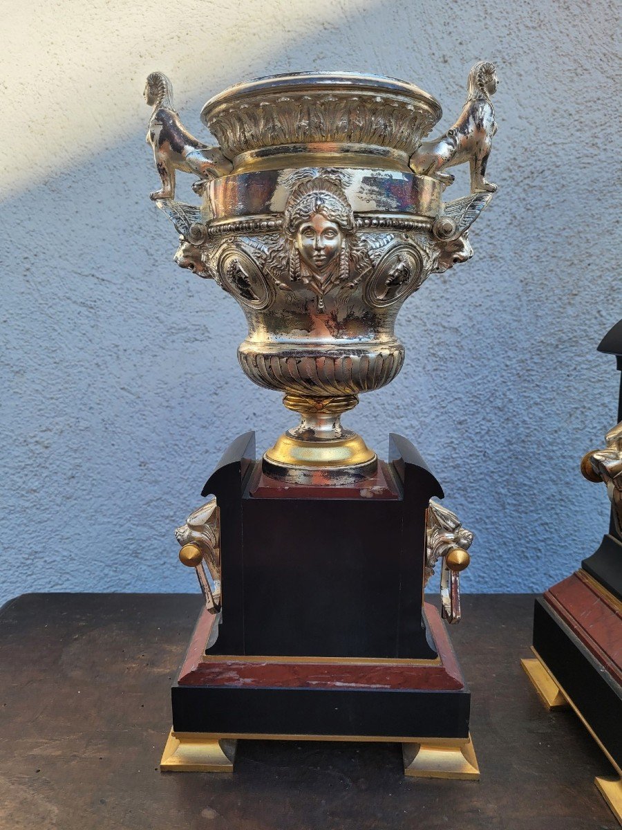 Antique Bronze Trim, Clock And Urns, 19th Century-photo-5