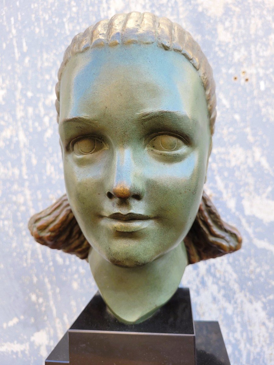 M Bouraine, Head Of A Young Woman, Bronze, Art Deco, 20th Century-photo-2