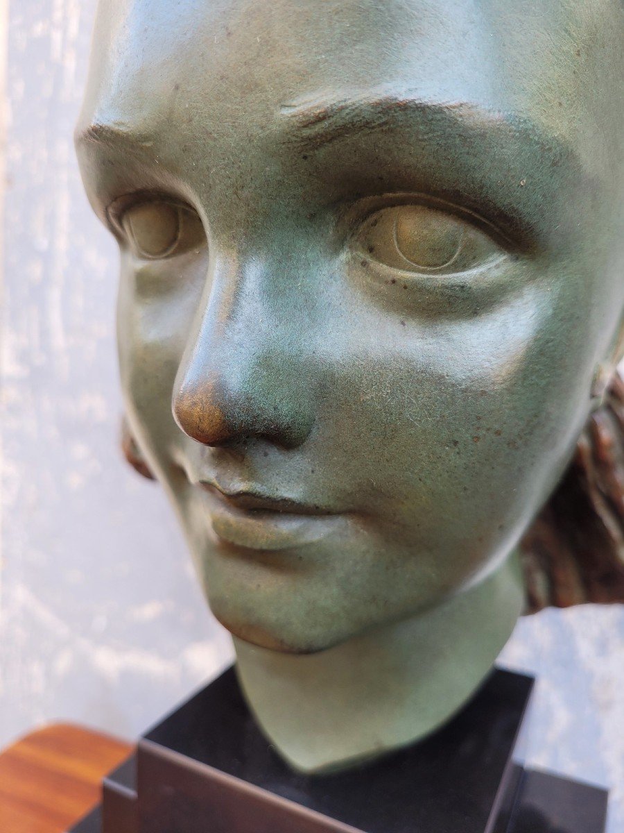 M Bouraine, Head Of A Young Woman, Bronze, Art Deco, 20th Century-photo-3