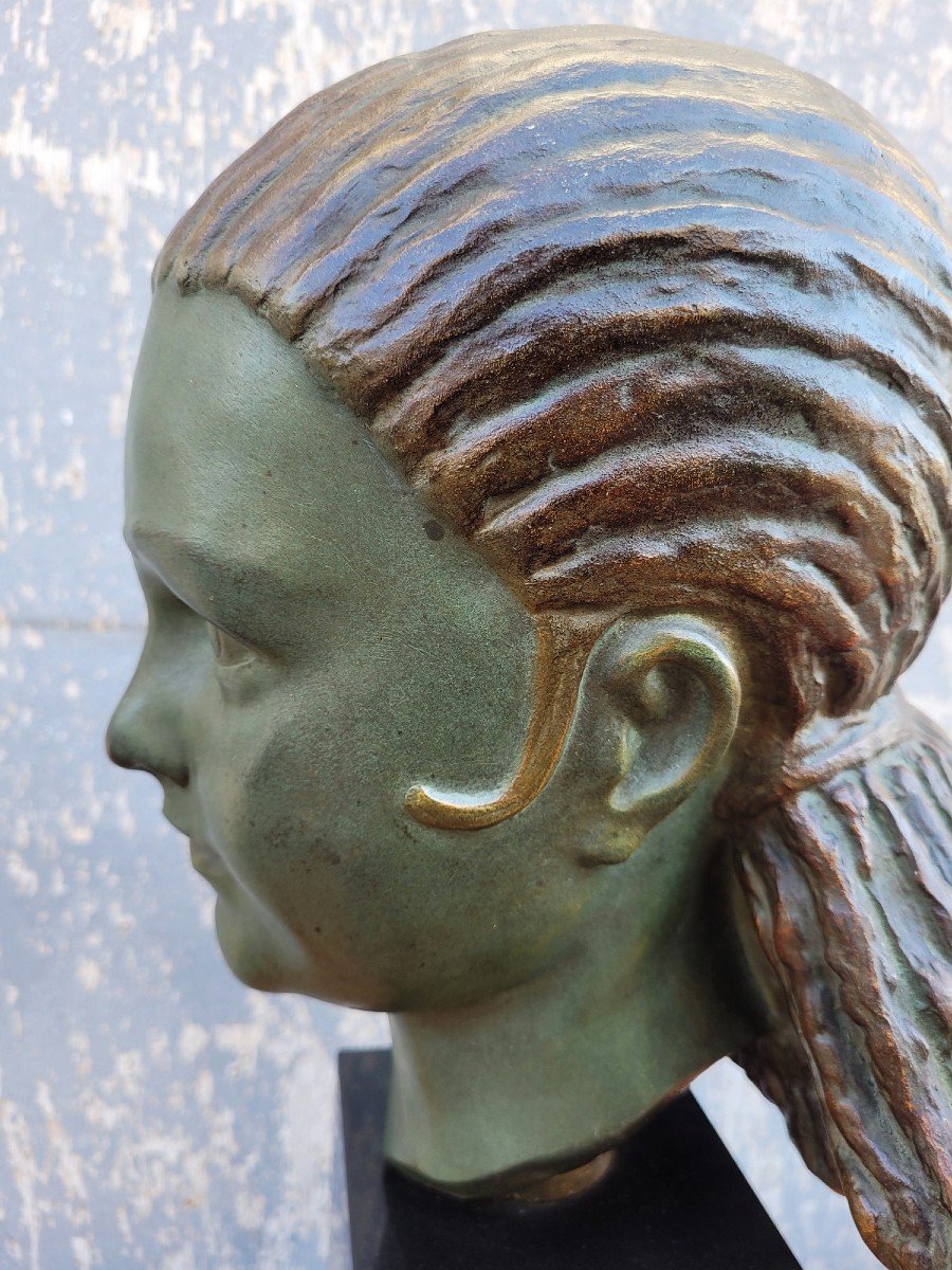 M Bouraine, Head Of A Young Woman, Bronze, Art Deco, 20th Century-photo-1