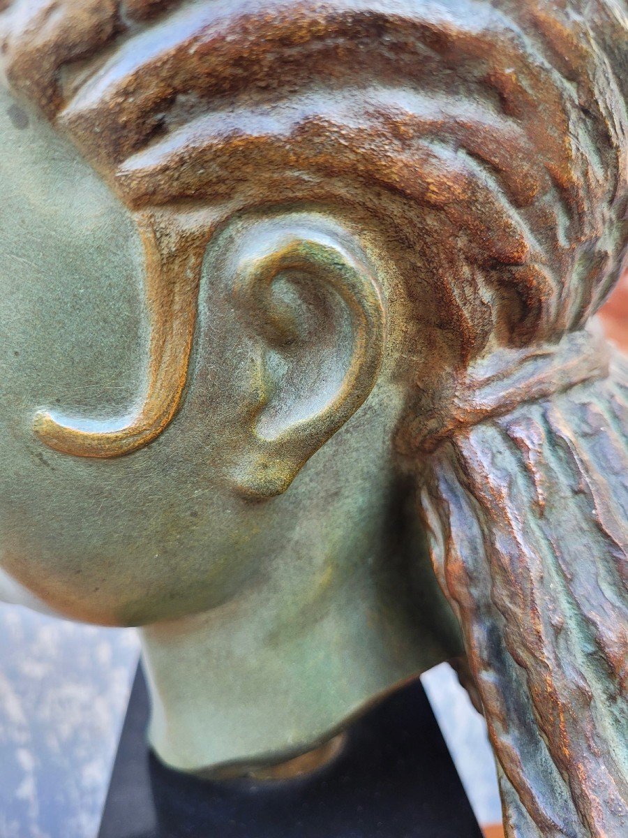 M Bouraine, Head Of A Young Woman, Bronze, Art Deco, 20th Century-photo-2