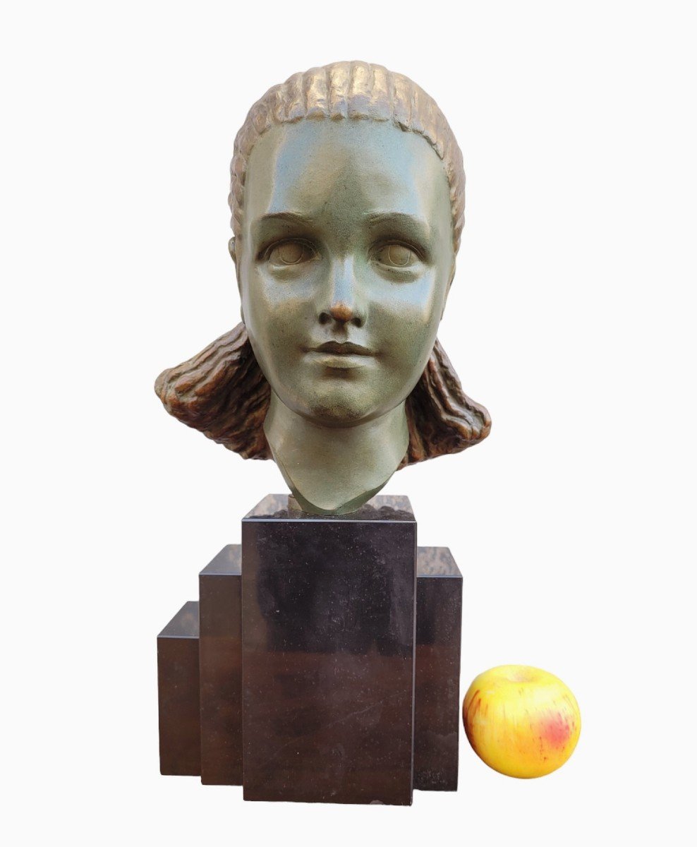 M Bouraine, Head Of A Young Woman, Bronze, Art Deco, 20th Century