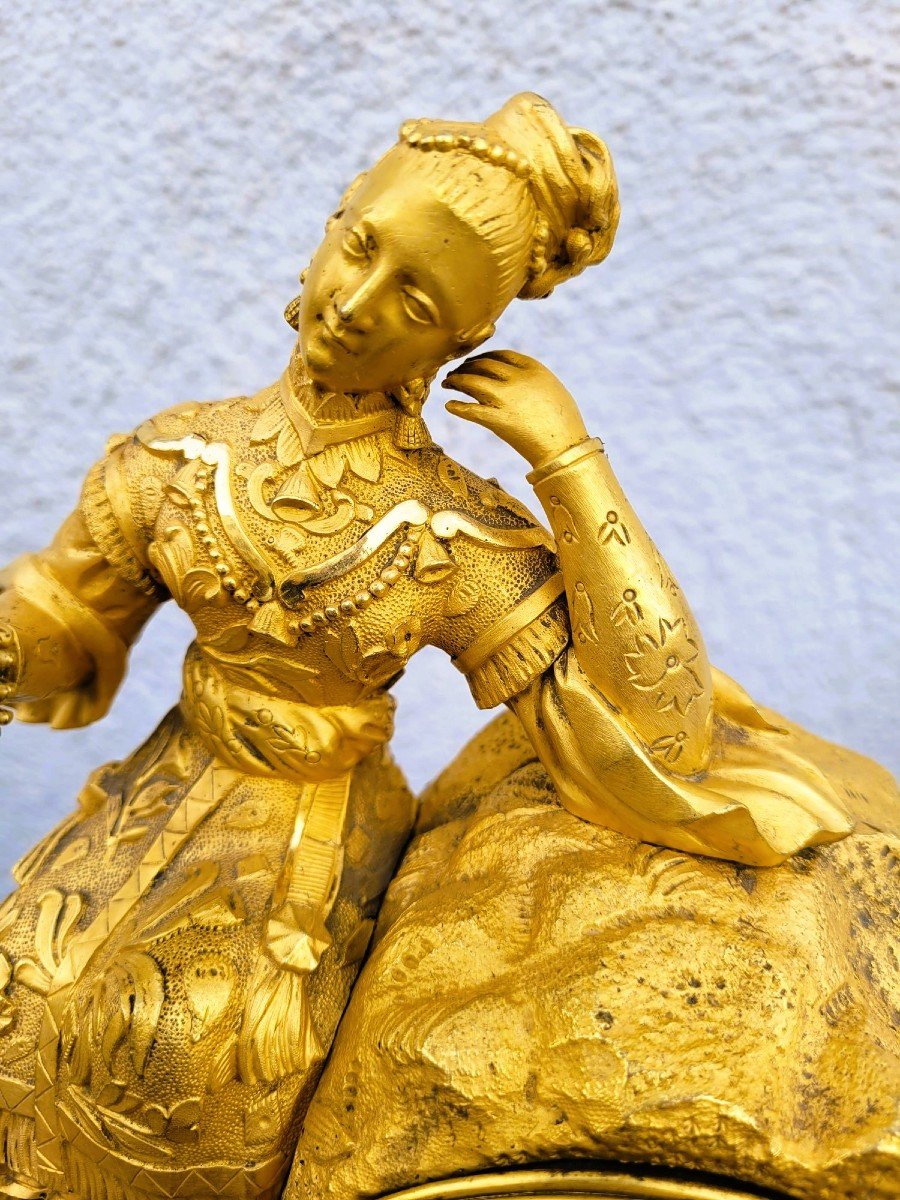 Chinese Lady With Bird, Gilt Bronze Clock , 19th Century-photo-2