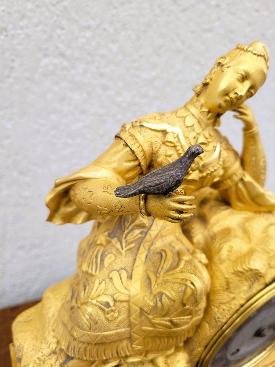 Chinese Lady With Bird, Gilt Bronze Clock , 19th Century-photo-6