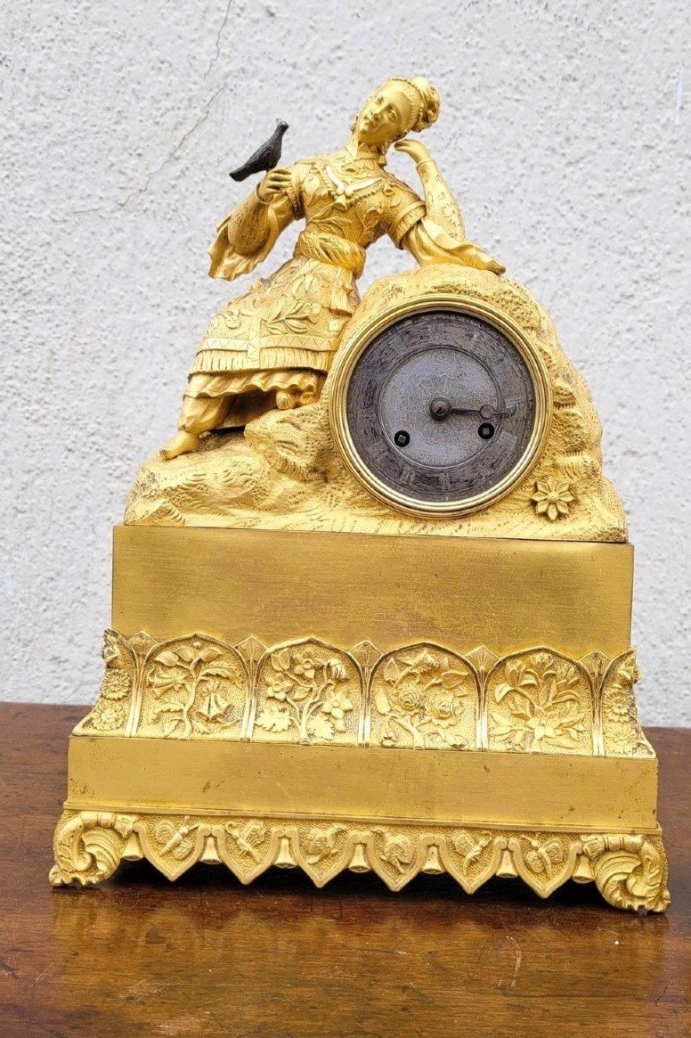 Chinese Lady With Bird, Gilt Bronze Clock , 19th Century