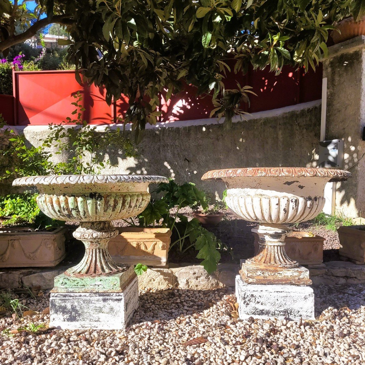 2 Cast Iron Garden Vases On Base, 19th Century