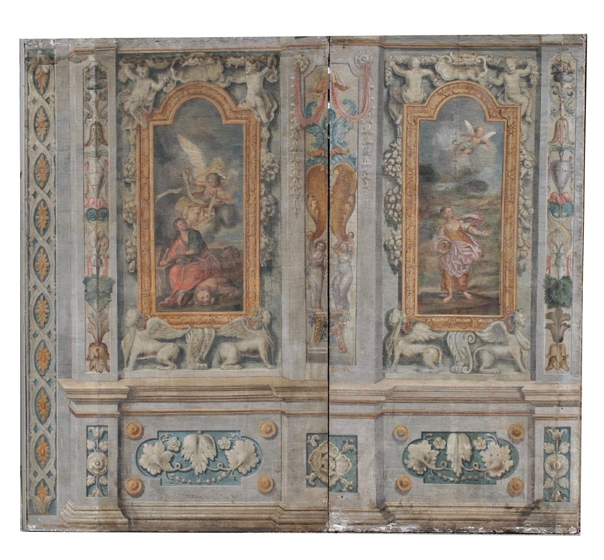 Paire De Grands Panneaux Peints,  Saint Marc Et Scène Biblique, époque XVIIème Siècle